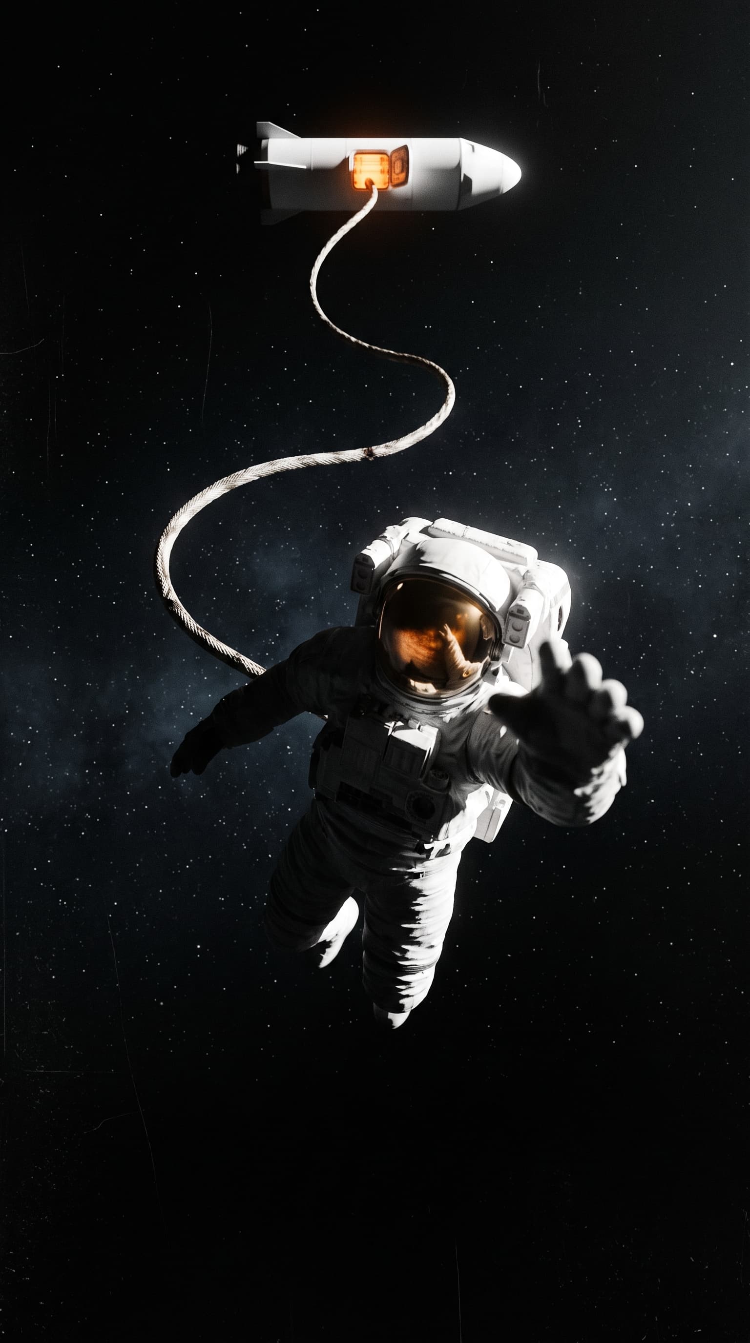 An astronaut drifting away from his rocket in deep space, one gloved hand reaching toward the viewer, still connected to the ship by a long umbilical tether.